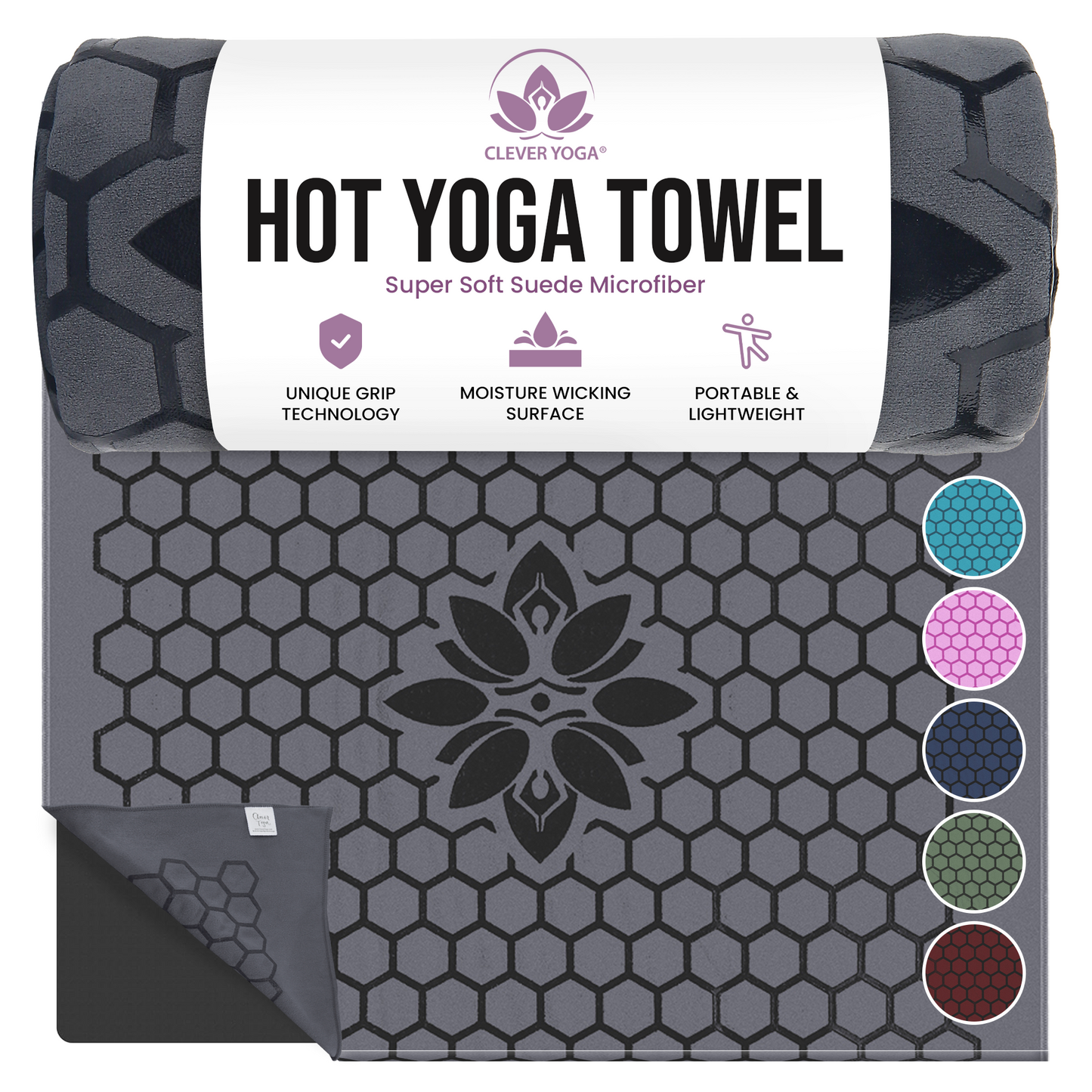 Clever Hot Yoga towel Anti-Slip with Unique Silicon web bottom l Increases traction l Extreme slipping reduction l Ultra absorbent l Quick Drying