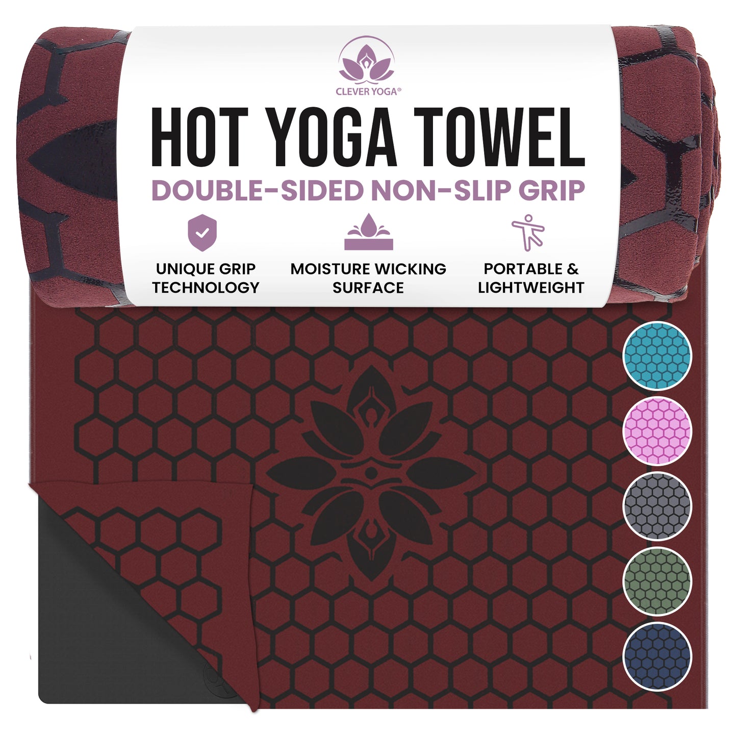 Clever Hot Yoga towel Anti-Slip with Unique Silicon web bottom l Increases traction l Extreme slipping reduction l Ultra absorbent l Quick Drying