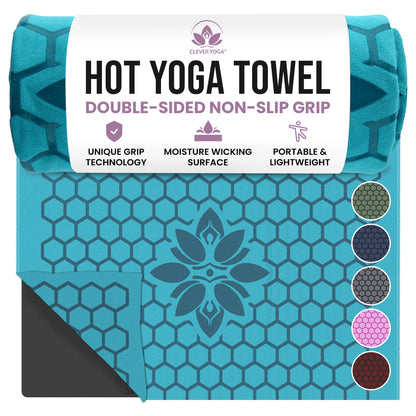 Clever Hot Yoga towel Anti-Slip with Unique Silicon web bottom l Increases traction l Extreme slipping reduction l Ultra absorbent l Quick Drying