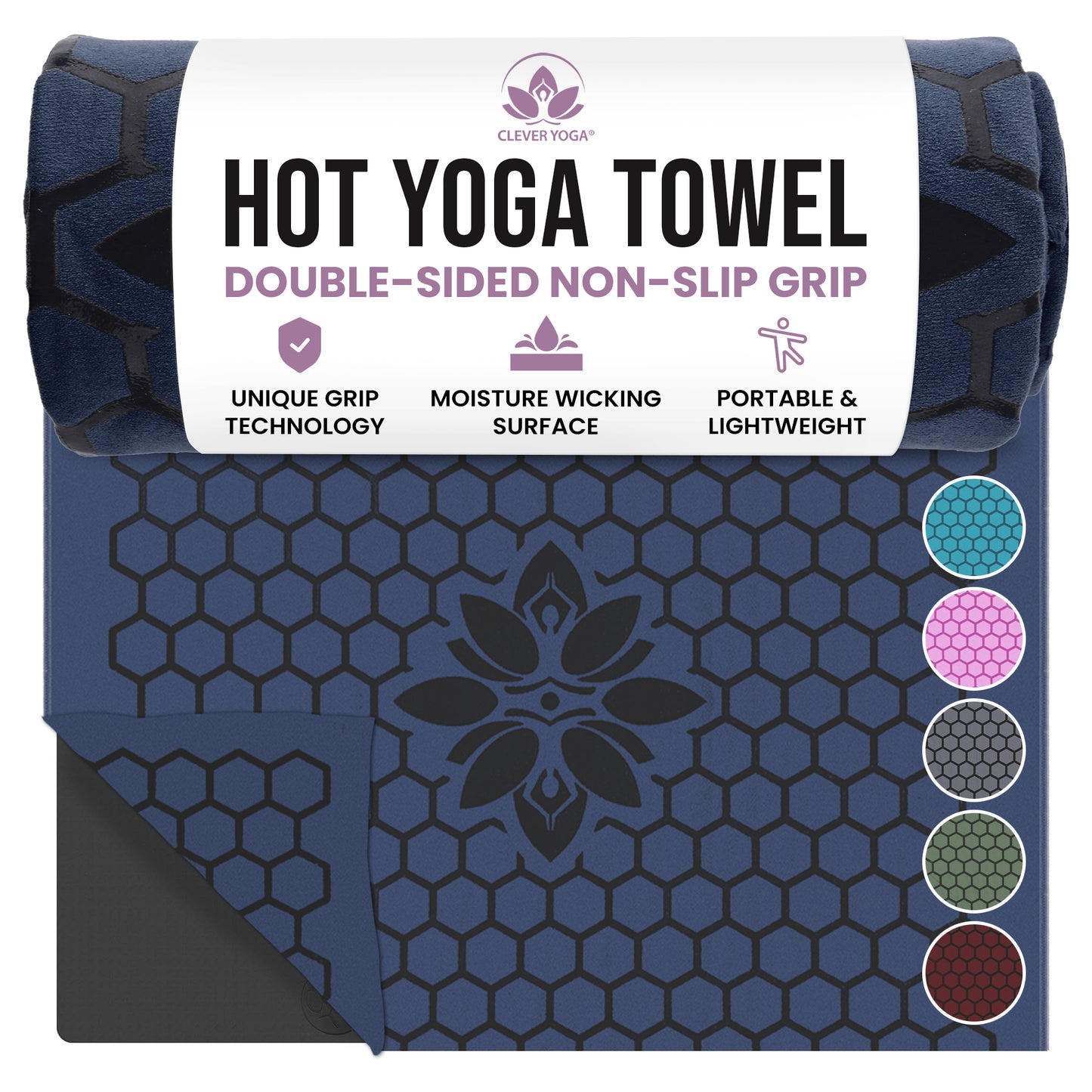 Clever Hot Yoga towel Anti-Slip with Unique Silicon web bottom l Increases traction l Extreme slipping reduction l Ultra absorbent l Quick Drying